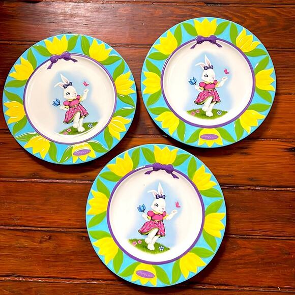 Christopher Radko 2011 Celebrations bunny rabbit Easter tulip 12" plate set of 3 - Picture 1 of 6